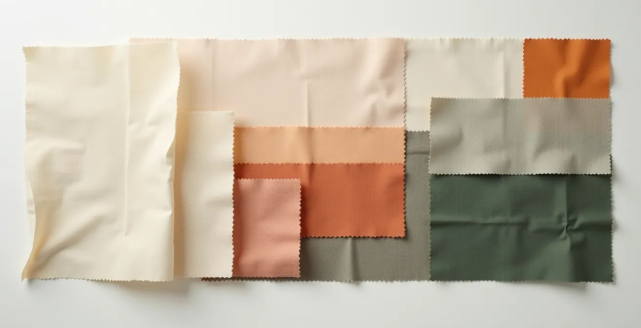 Artistischer Aufbau von Farbmustern und Stofffarbtypen, der die psychologische Wirkung von Farben visualisiert