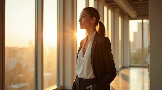 Frau in eleganter, gut sitzender Kleidung, die Selbstbewusstsein und persönlichen Stil ausstrahlt, in minimalistischer urbaner Umgebung