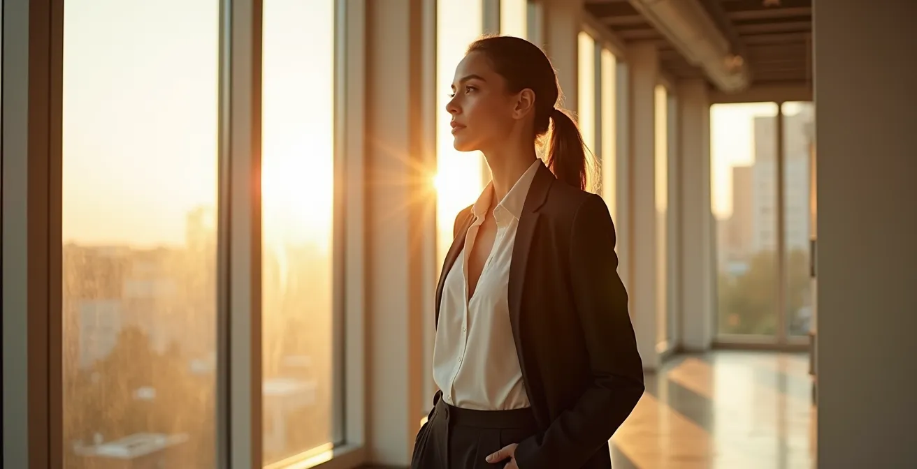 Frau in eleganter, gut sitzender Kleidung, die Selbstbewusstsein und persönlichen Stil ausstrahlt, in minimalistischer urbaner Umgebung