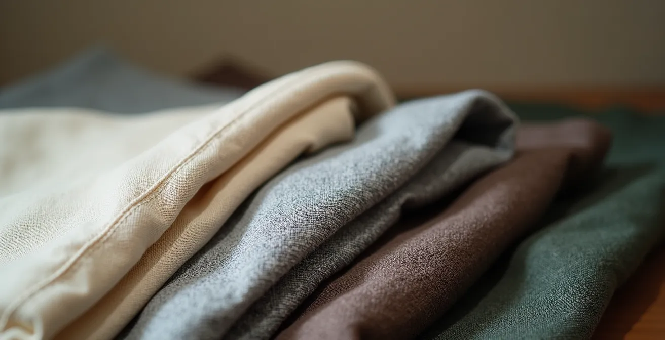 Detaillierte Nahaufnahme von Kleidungstexturen und Farbmustern, die ein persönliches Farbsystem visualisieren – deutsche Handwerkstradition
