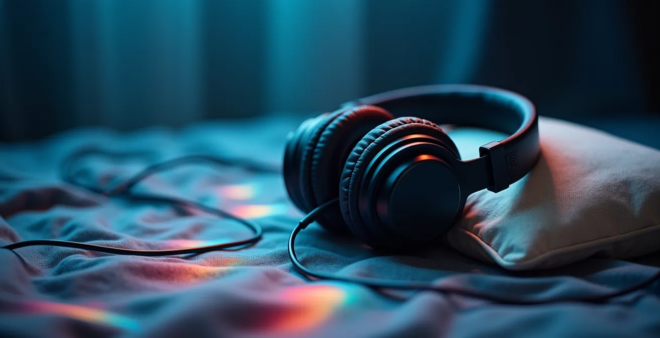 Meditative Szene mit Kopfhörern und sanften Lichtwellen, die Alpha-Wellen symbolisieren.