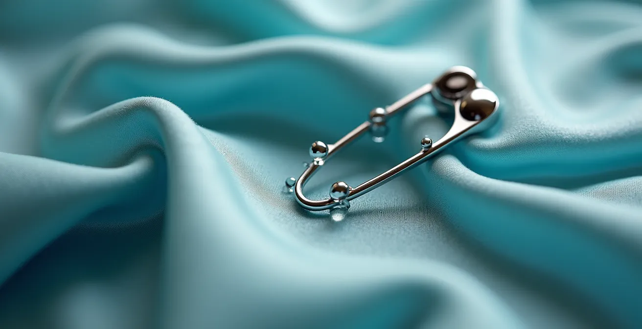 Nahaufnahme von fließendem Seidenstoff mit Wassertropfen und einer metallischen Sicherheitsnadel als Symbol für antistatische Tricks