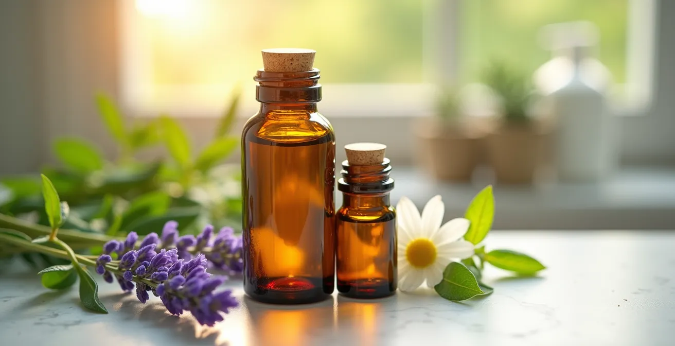 Ätherische Öle und frische Kräuter für die Aromatherapie im Badezimmer