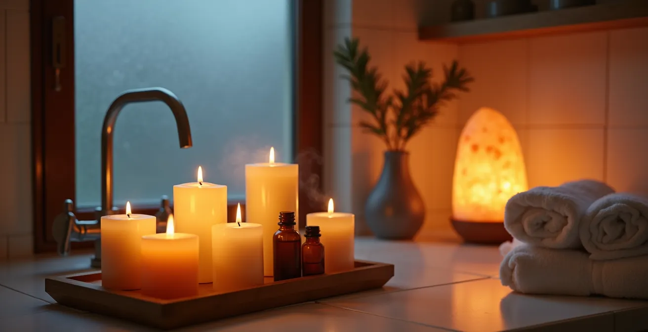 Stimmungsvolles Badezimmer mit warmem Kerzenlicht und entspannender Atmosphäre