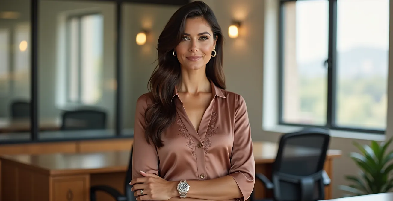 Professionelle Frau im Büro trägt elegante Boho-Business-Kleidung: feine Seidenbluse mit dezentem Muster und hochwertige Schlaghose