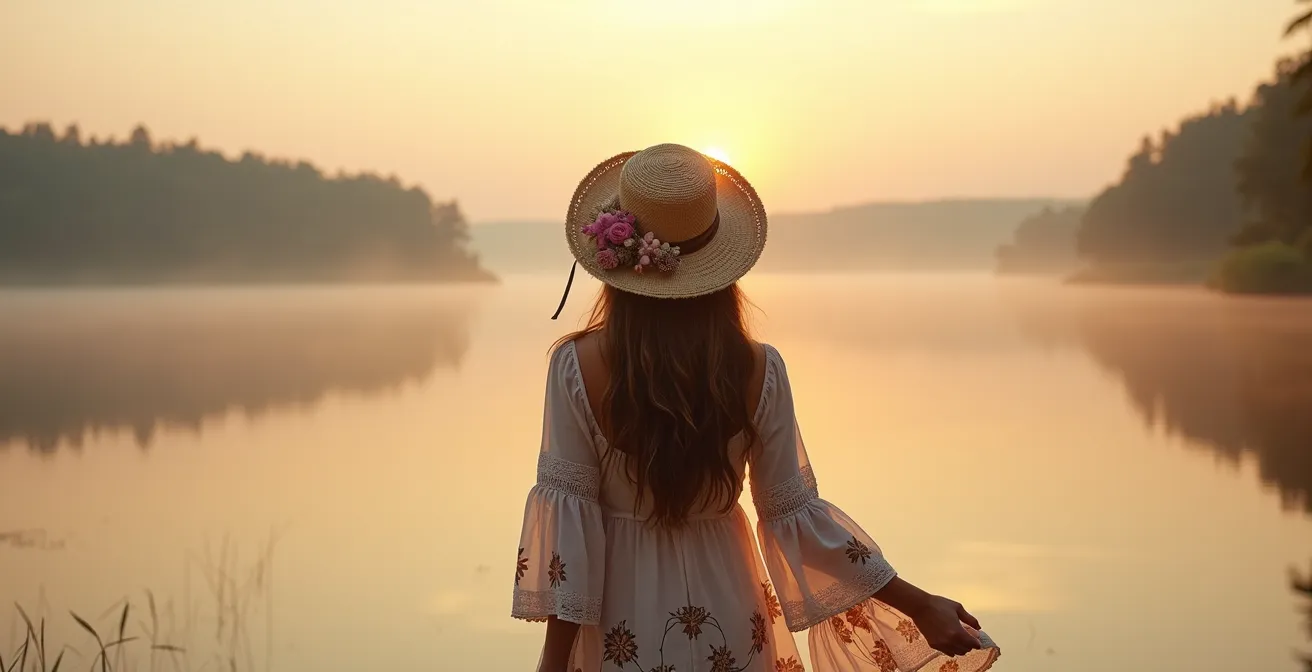Frau mit Boho-Strohhut in deutscher Seenlandschaft