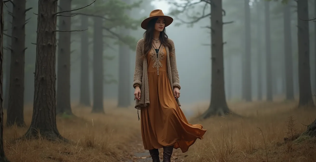 Eine Frau in einem modernen, mehrlagigen Boho-Look steht in einer nebligen Schwarzwald-Landschaft.