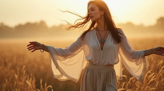 Eine Frau in fließender Boho-Mode, umgeben von natürlichen Elementen, verkörpert Freiheit und Naturverbundenheit