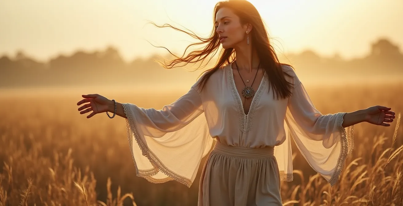 Eine Frau in fließender Boho-Mode, umgeben von natürlichen Elementen, verkörpert Freiheit und Naturverbundenheit