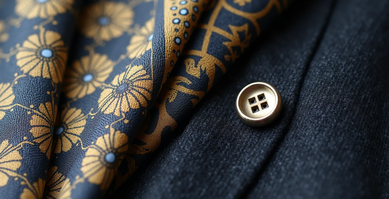 Detailaufnahme von harmonisch kombinierten Mustern und Farben in einem Business-Outfit