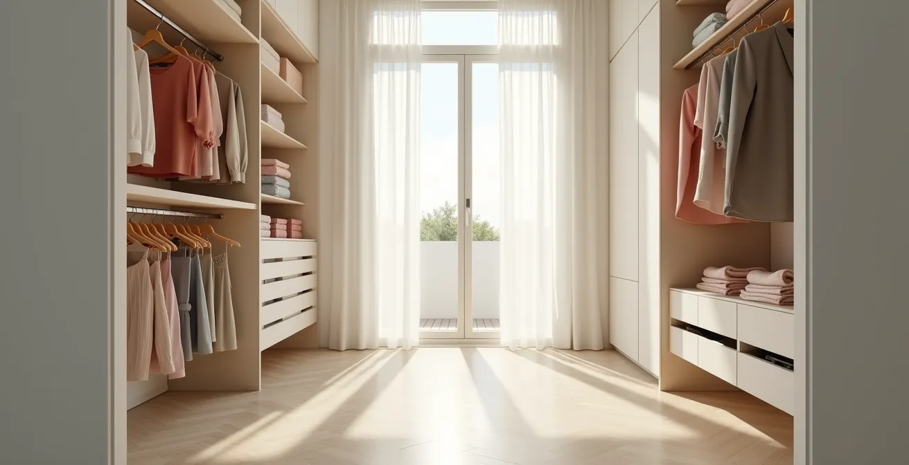 Minimalistische Garderobe mit farbsortierten Kleidungsstücken und drei definierten Outfit-Bereichen