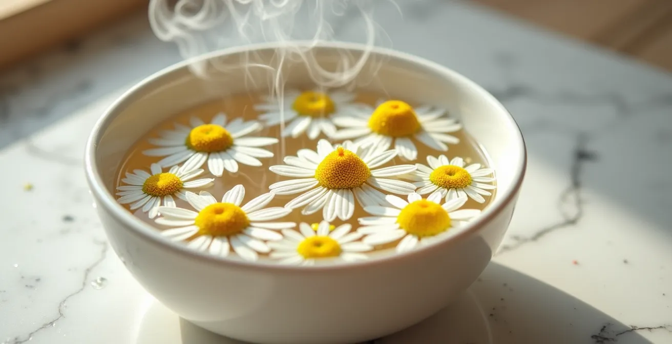 Nahaufnahme einer Person über einer dampfenden Schüssel mit Kamillenblüten, die die Poren öffnet.