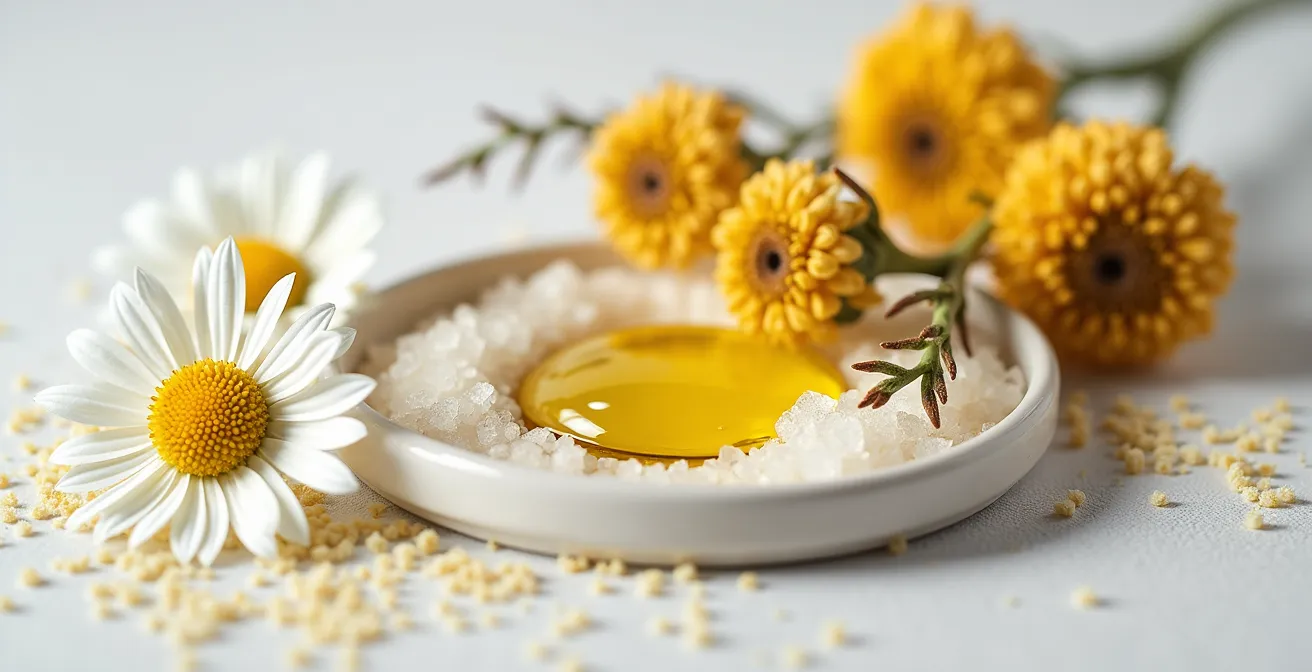 Makroaufnahme von deutschen Heilpflanzen und natürlichen Kosmetikrohstoffen wie Kamille, Sanddornöl und Heilerde