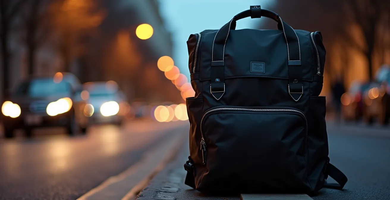 Moderne Pendlertasche mit dezent integrierten Reflektoren im urbanen Abendlicht