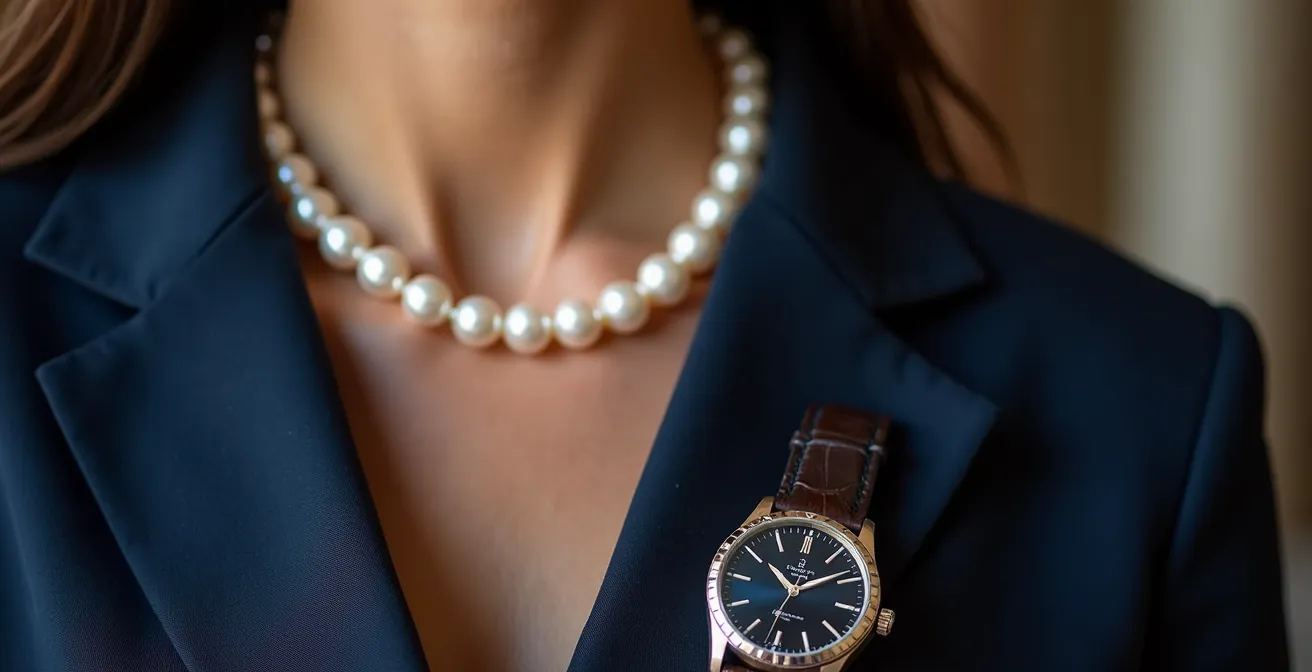 Elegante Geschäftsfrau mit klassischer Perlenkette und hochwertiger Armbanduhr