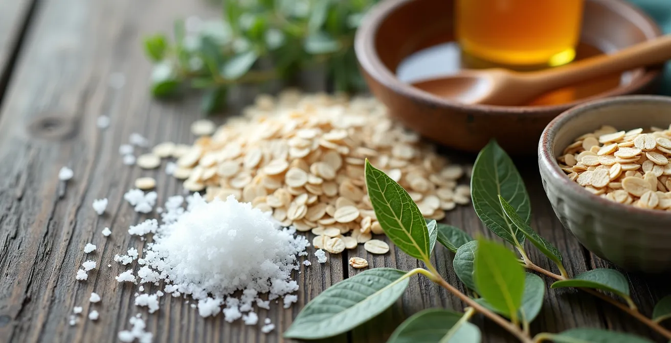 Natürliche Zutaten für selbstgemachten Badezusatz auf Holztisch