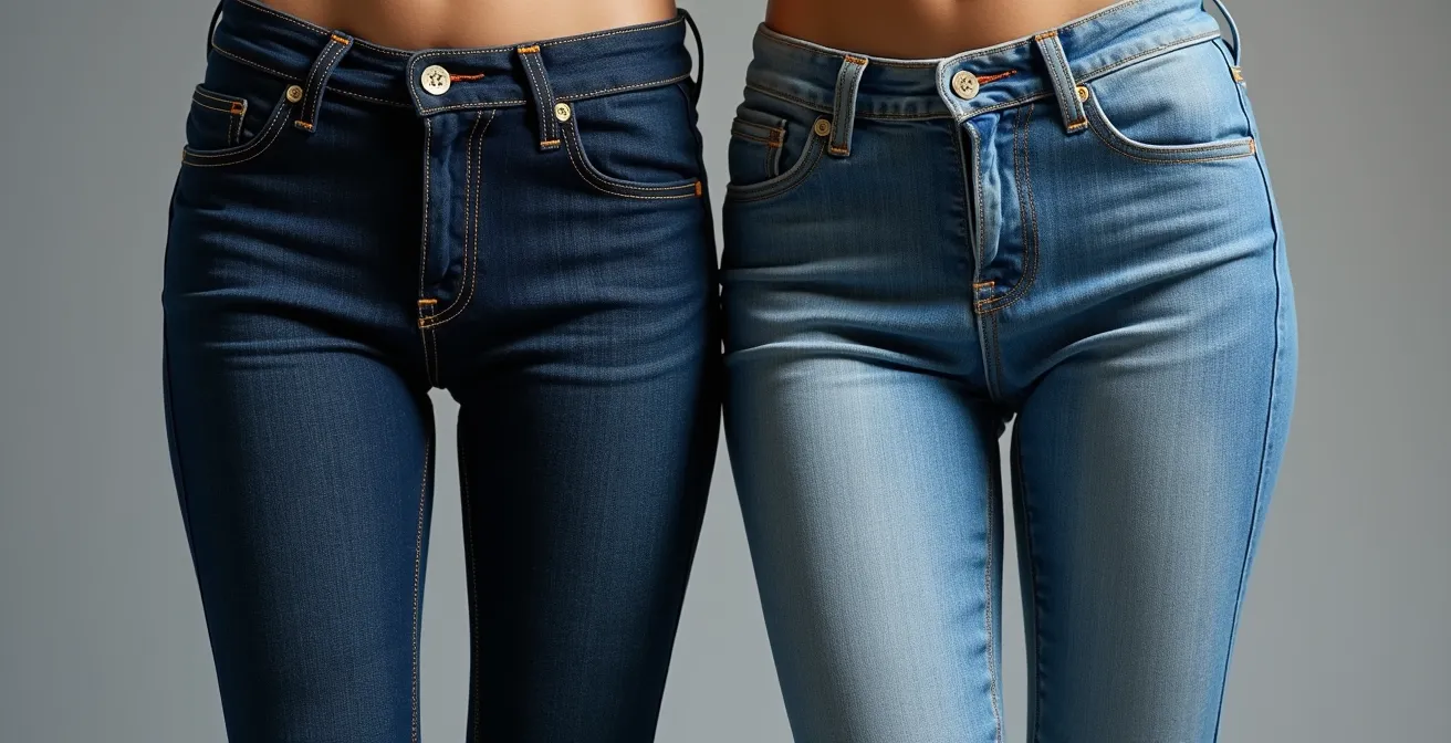 Vergleich dunkler und heller Jeanswaschungen, der den optisch verschlankenden Effekt von dunklem Indigo gegenüber einer hellen Waschung an Oberschenkeln zeigt.