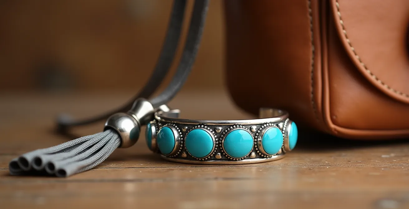 Makroaufnahme hochwertiger Boho-Schmuckstücke aus Silber und Leder auf Holzoberfläche