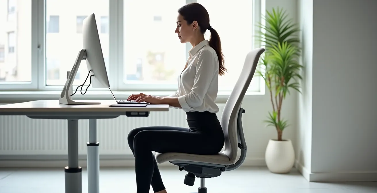 Seitenansicht einer Person in ergonomischer Sitzhaltung am Büroschreibtisch, die den Komfort einer High-Waist-Leggings demonstriert.