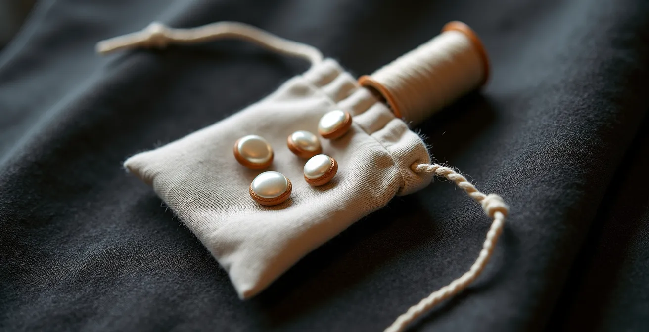 Nahaufnahme eines Ersatzknopf-Tütchens mit hochwertigem Zwirn an einem Kleidungsetikett