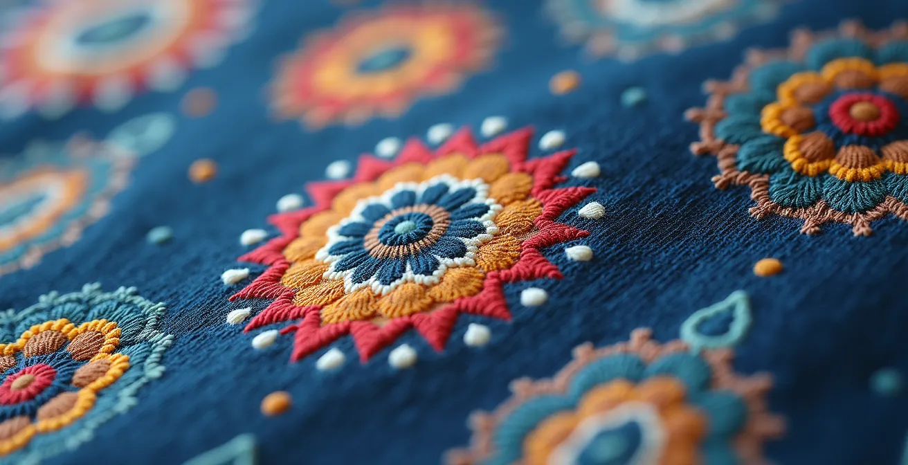 Detailaufnahme traditioneller Ethno-Muster (Ikat, Paisley, Blaudruck) harmonisch in modernem Boho-Style kombiniert