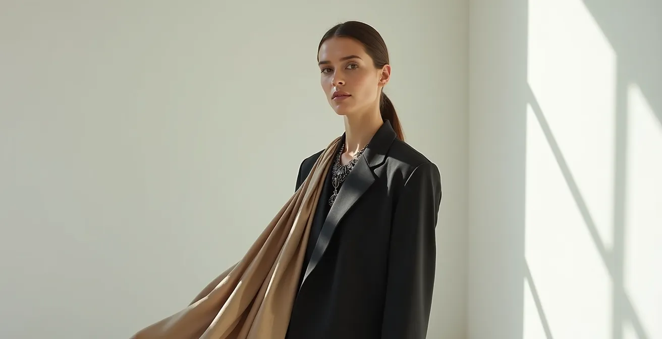 Eine Frau nutzt einen eleganten Schal und Statement-Schmuck, um den Blick gezielt auf ihr Gesicht und Dekolleté zu lenken.