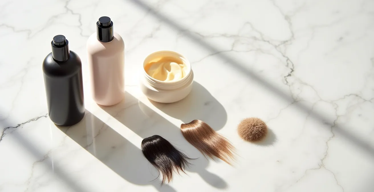 Stillleben von Styling-Produkten und texturierten Haarsträhnen auf minimalistischem Hintergrund