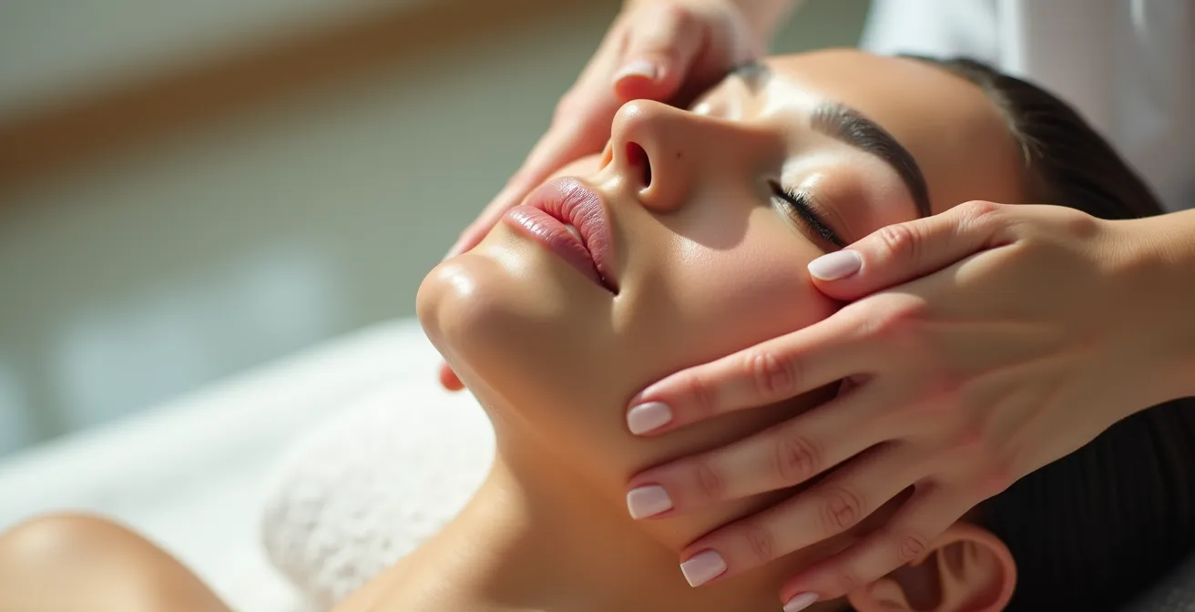 Nahaufnahme von Händen, die eine professionelle Gesichtsmassage-Technik mit Aufwärtsbewegungen auf strahlender Haut durchführen.