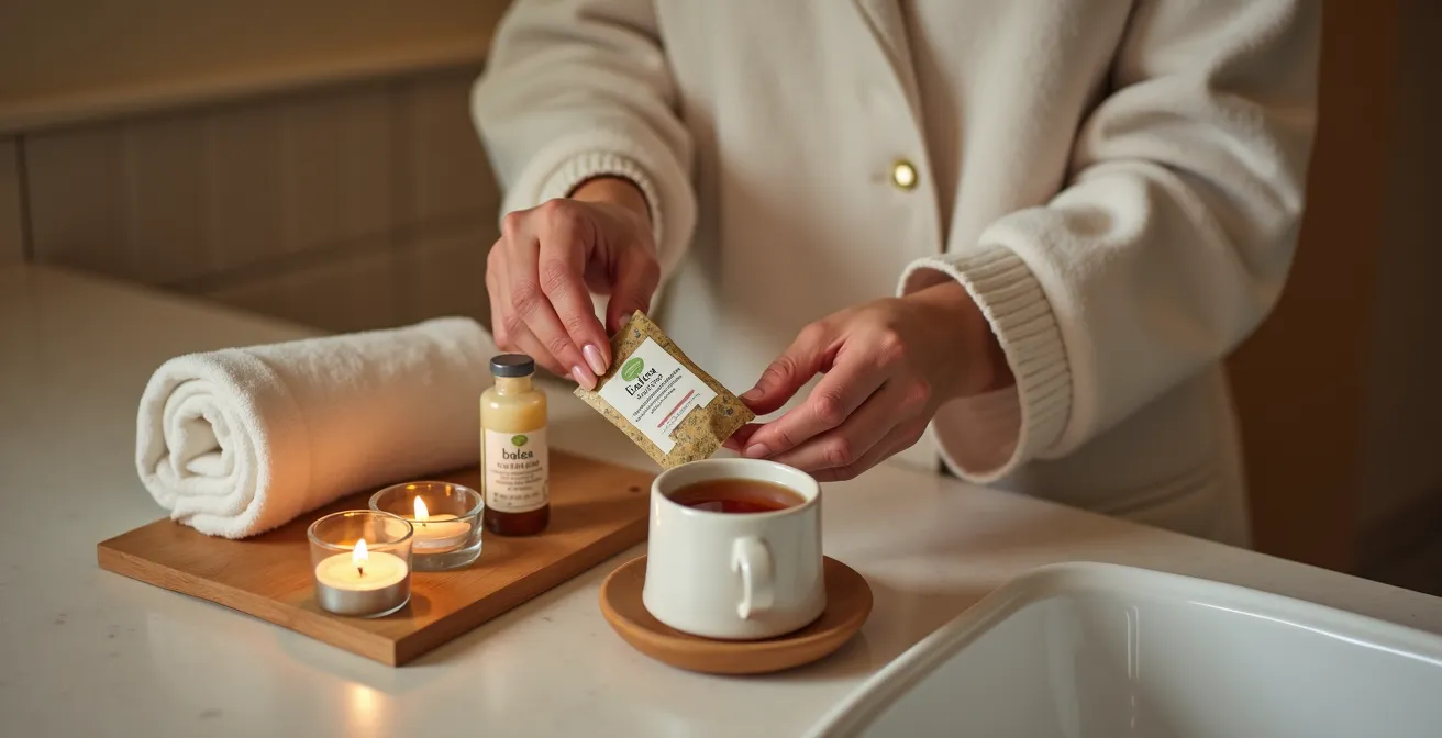 Spa-Produkte aus deutschen Drogeriemärkten arrangiert für Wellness zuhause