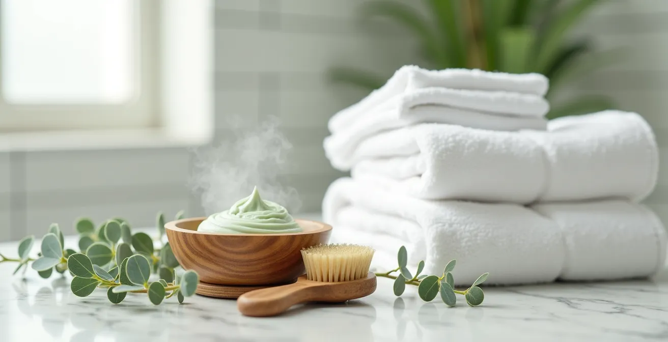 Minimalistische Darstellung einer Heilerde-Behandlung in einem hellen, modernen deutschen Badezimmer