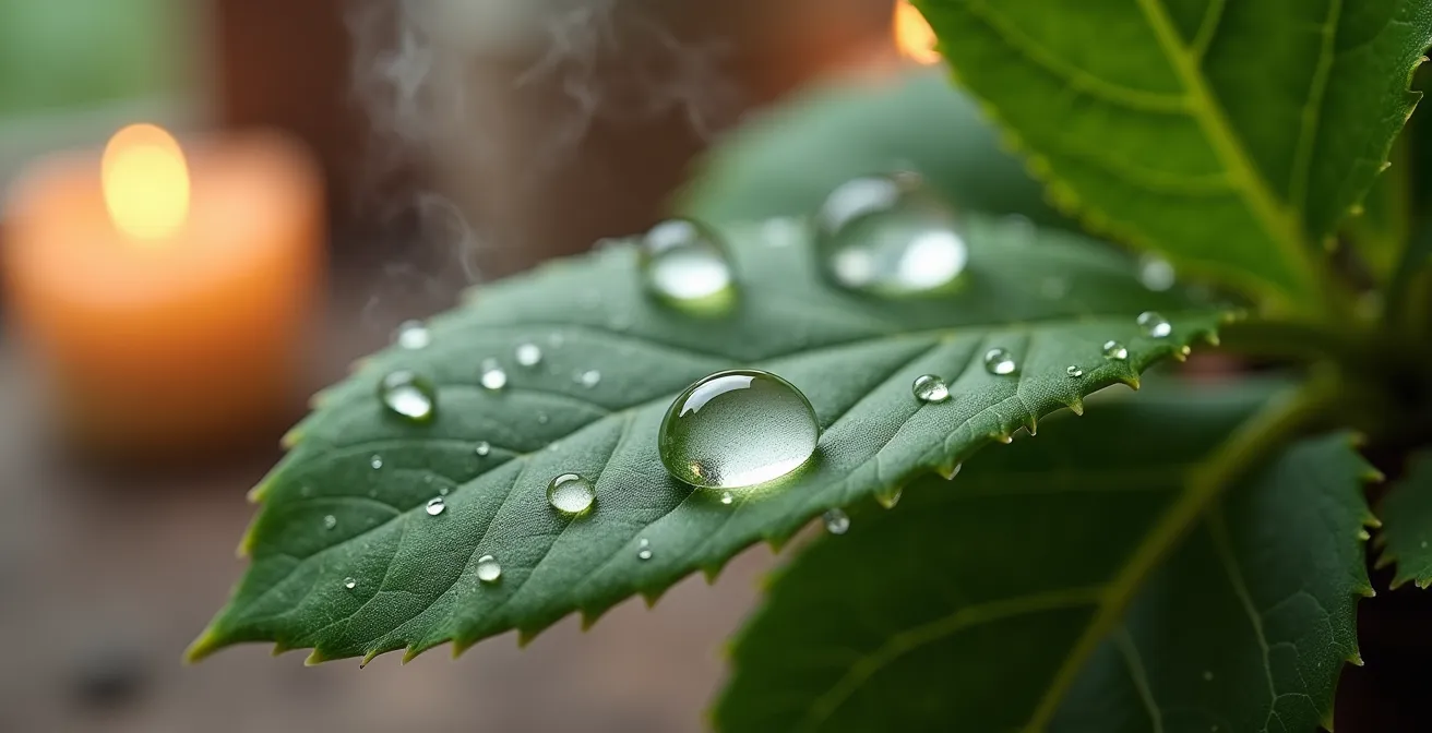Makroaufnahme von Wassertropfen auf Eukalyptusblättern mit verschwommenem Badezimmer-Hintergrund
