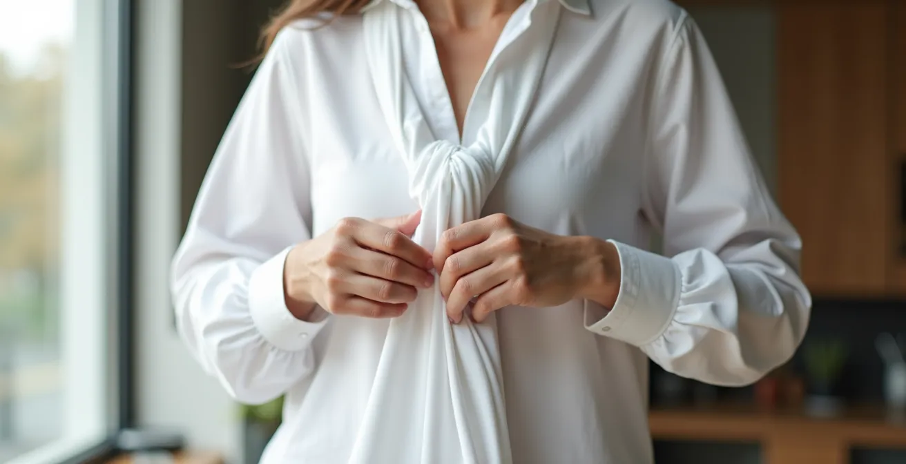 Kreativ gefaltetes und geknotetes Herrenhemd als feminine Bluse