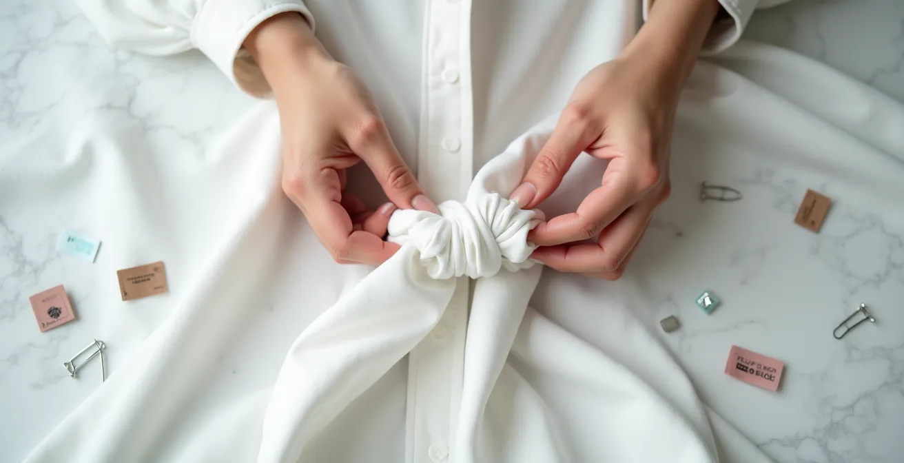 Hände binden Knoten in ein übergroßes weißes Hemd, Sicherheitsnadeln und Bügelflicken im Vordergrund