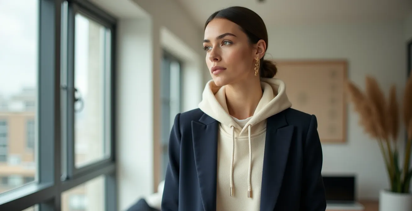Eine professionelle Frau trägt einen minimalistischen Feinstrick-Hoodie unter einem eleganten Wollblazer – perfekter Business-Casual Look für deutsche Büros