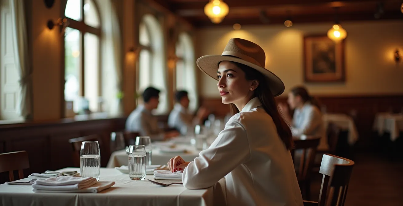Elegante Dame mit Hut in deutschem Restaurant-Ambiente