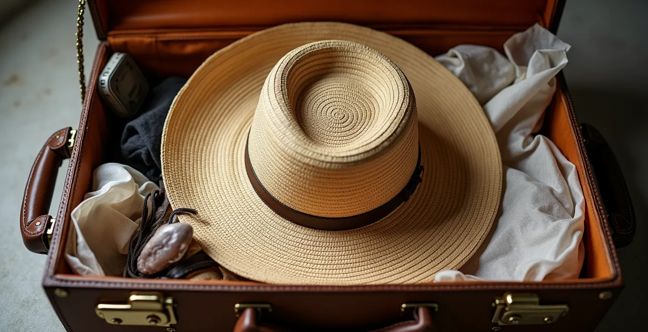 Geöffneter Koffer mit sorgfältig verpacktem Hut für die Reise