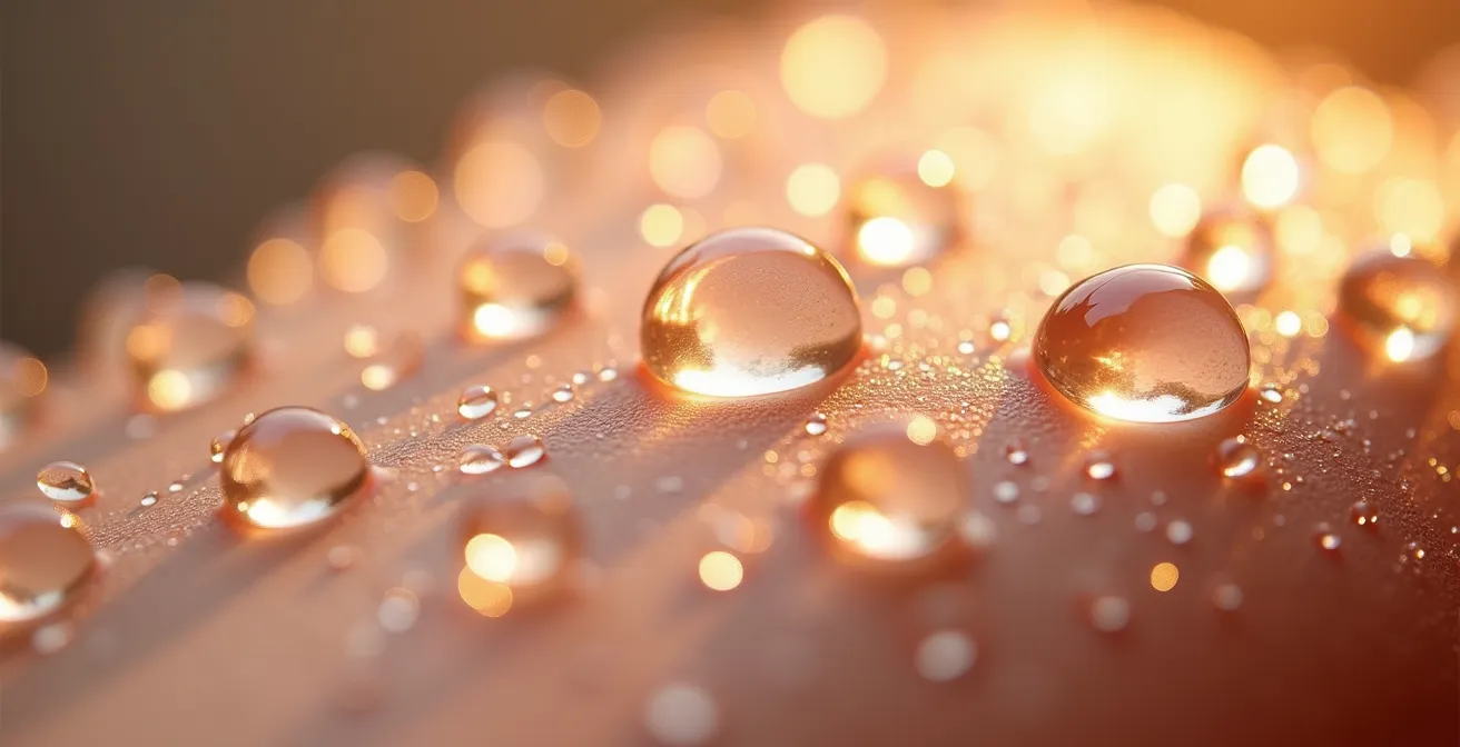 Makroaufnahme von perfekt geformten Wassertropfen auf einer hydratisierten Hautoberfläche.