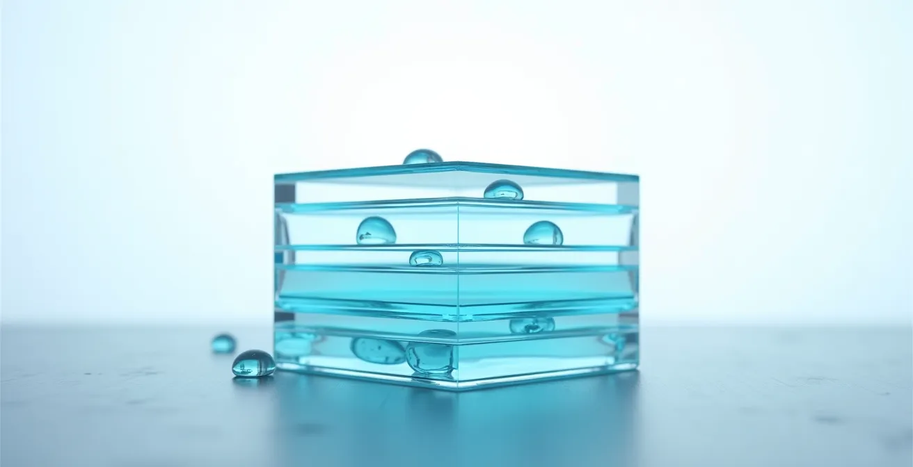 Querschnitt der Hautschichten mit verschiedenen Hyaluronmolekülgrößen und deren Eindringtiefe, die das Prinzip der Feuchtigkeitsbindung illustrieren.