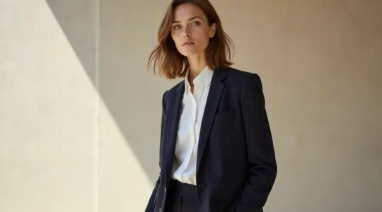 Frau in zeitloser Mode: Blazer, weißes Hemd und elegante Hose, fokussiert auf hochwertige Stoffe und deutsche Verarbeitungsqualität in natürlichem Licht.
