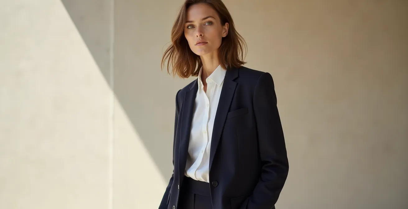 Frau in zeitloser Mode: Blazer, weißes Hemd und elegante Hose, fokussiert auf hochwertige Stoffe und deutsche Verarbeitungsqualität in natürlichem Licht.