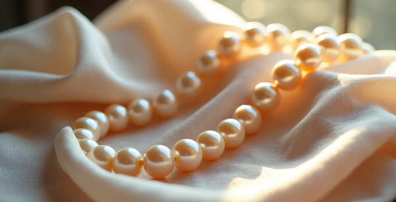 Stilvolle Accessoires mit Perlen und Seidentuch arrangiert