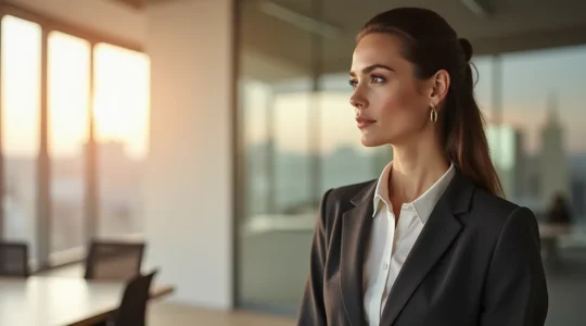 Professionelle Frau in klassischer Arbeitsgarderobe mit Hosenanzug, elegante Körperhaltung, minimalistisches Design, neutral gehaltene Farbpalette