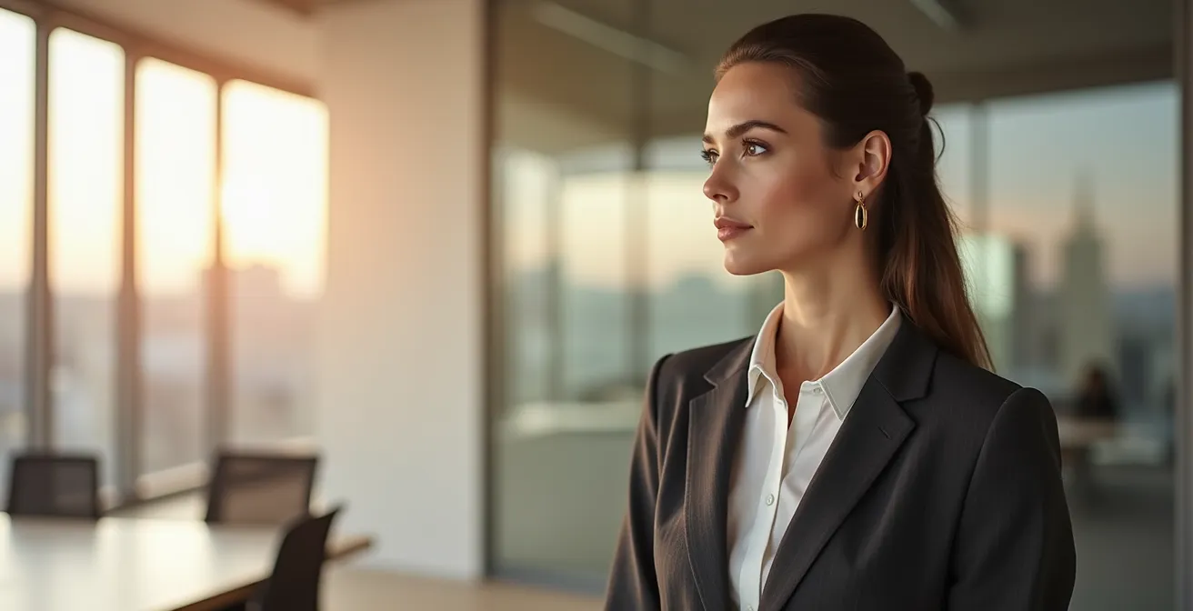 Professionelle Frau in klassischer Arbeitsgarderobe mit Hosenanzug, elegante Körperhaltung, minimalistisches Design, neutral gehaltene Farbpalette