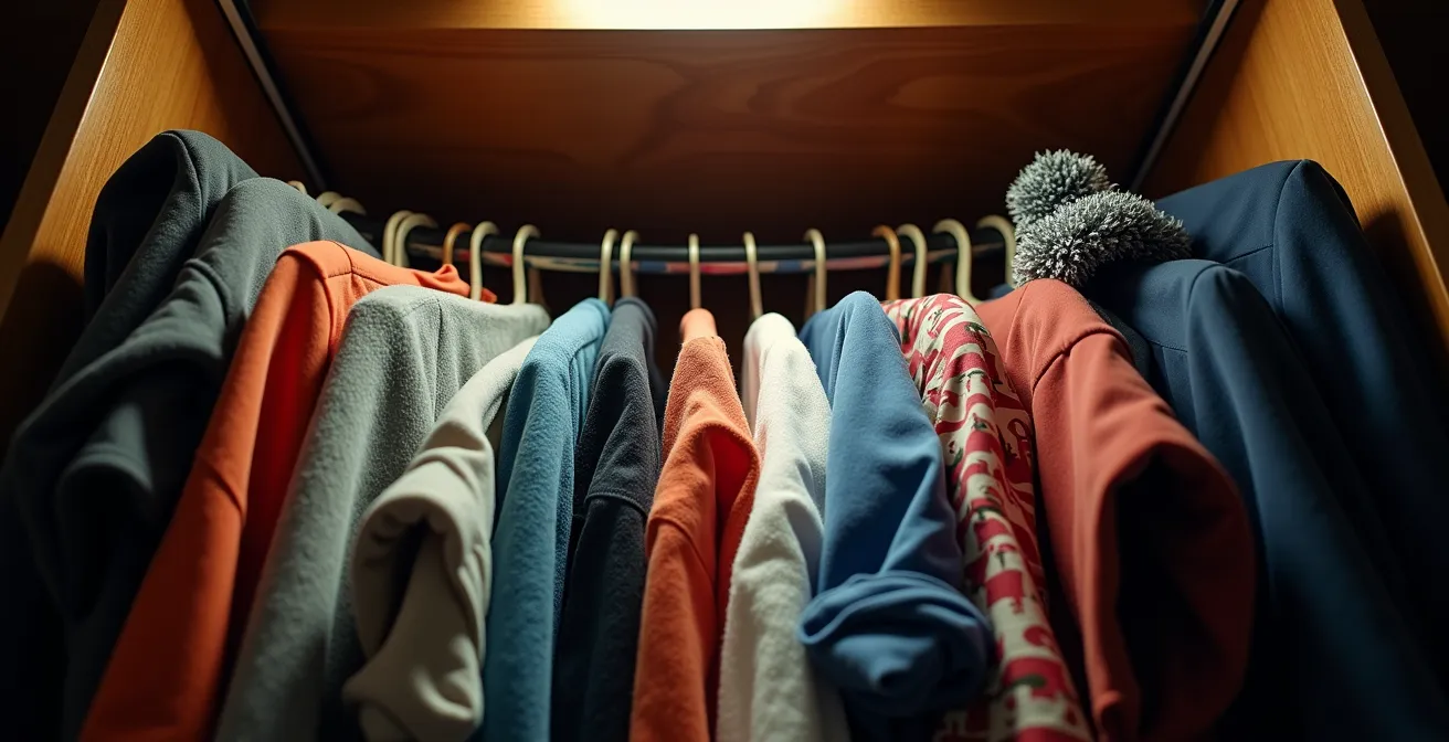 Überfüllter Kleiderschrank mit verschiedenen Kleidungsstücken symbolisiert morgendliche Entscheidungslast