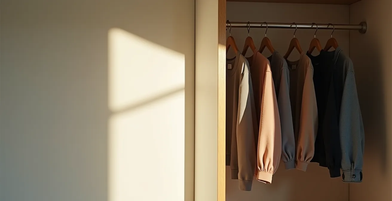 Eine Frau entdeckt vergessene Kleidungsstücke in ihrem gut sortierten Kleiderschrank wieder.