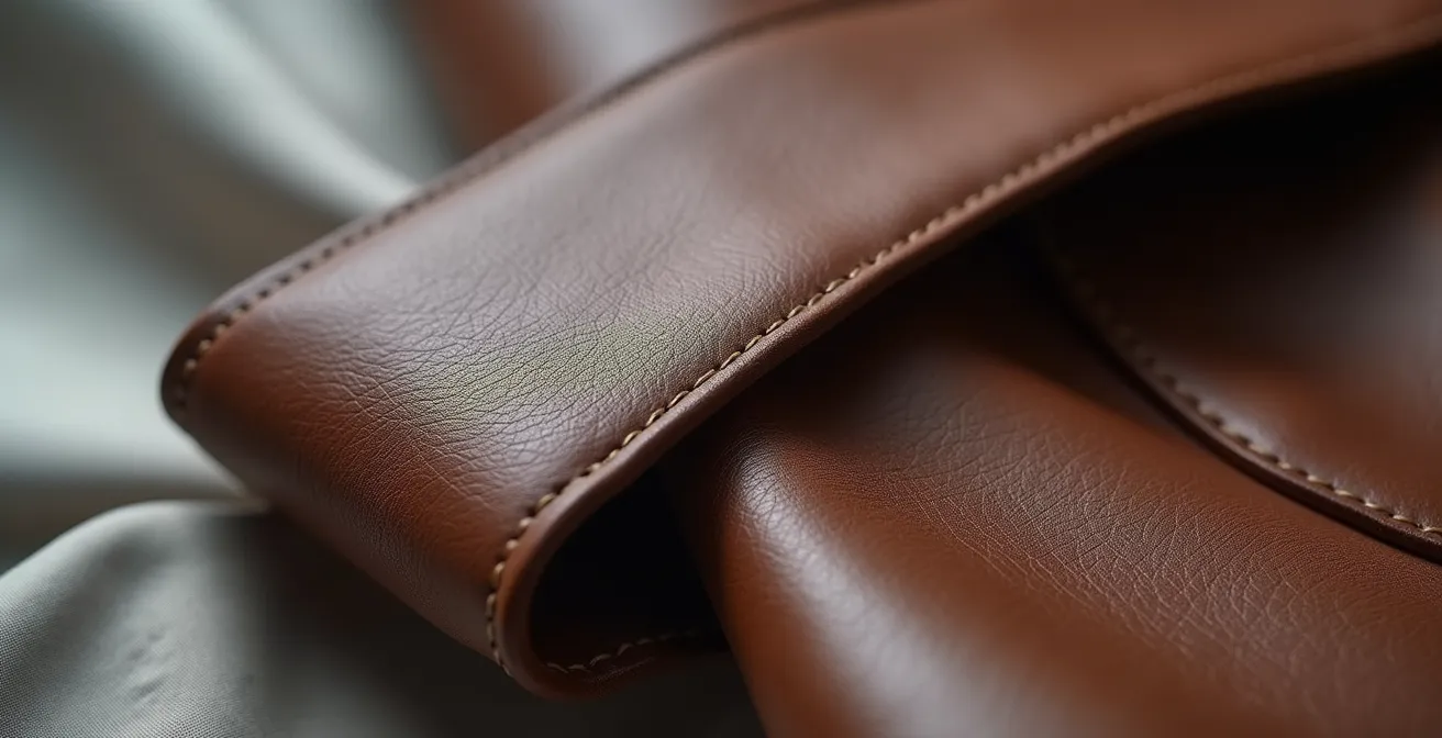 Nahaufnahme des Kontrasts zwischen einer braunen Lederjacke und einem perlgrauen Seidenstoff