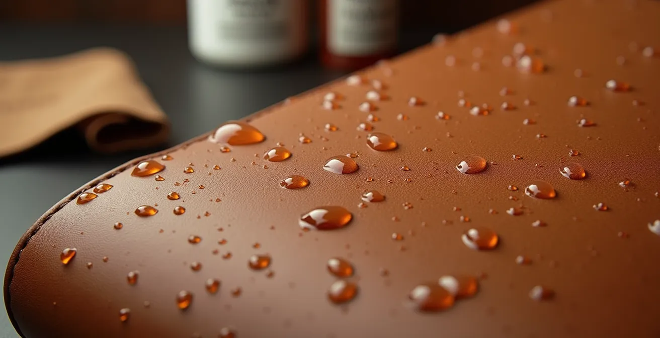 Nahaufnahme von hochwertigem Naturleder mit Wassertropfen, die abperlen