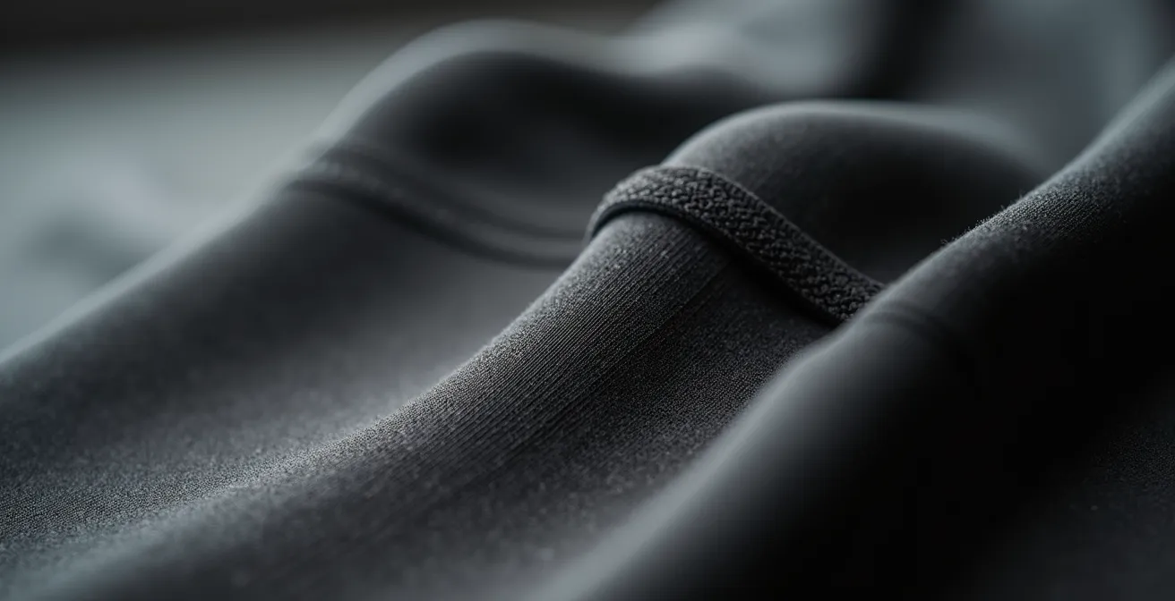 Makroaufnahme hochwertiger Leggings-Nähte, die die Qualität des Stoffes und der Verarbeitung zeigen.