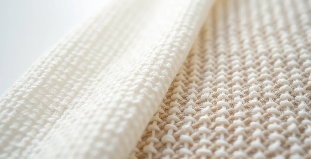 Makroaufnahme zeigt die Faserstruktur von Leinen und Popeline Gewebe nebeneinander