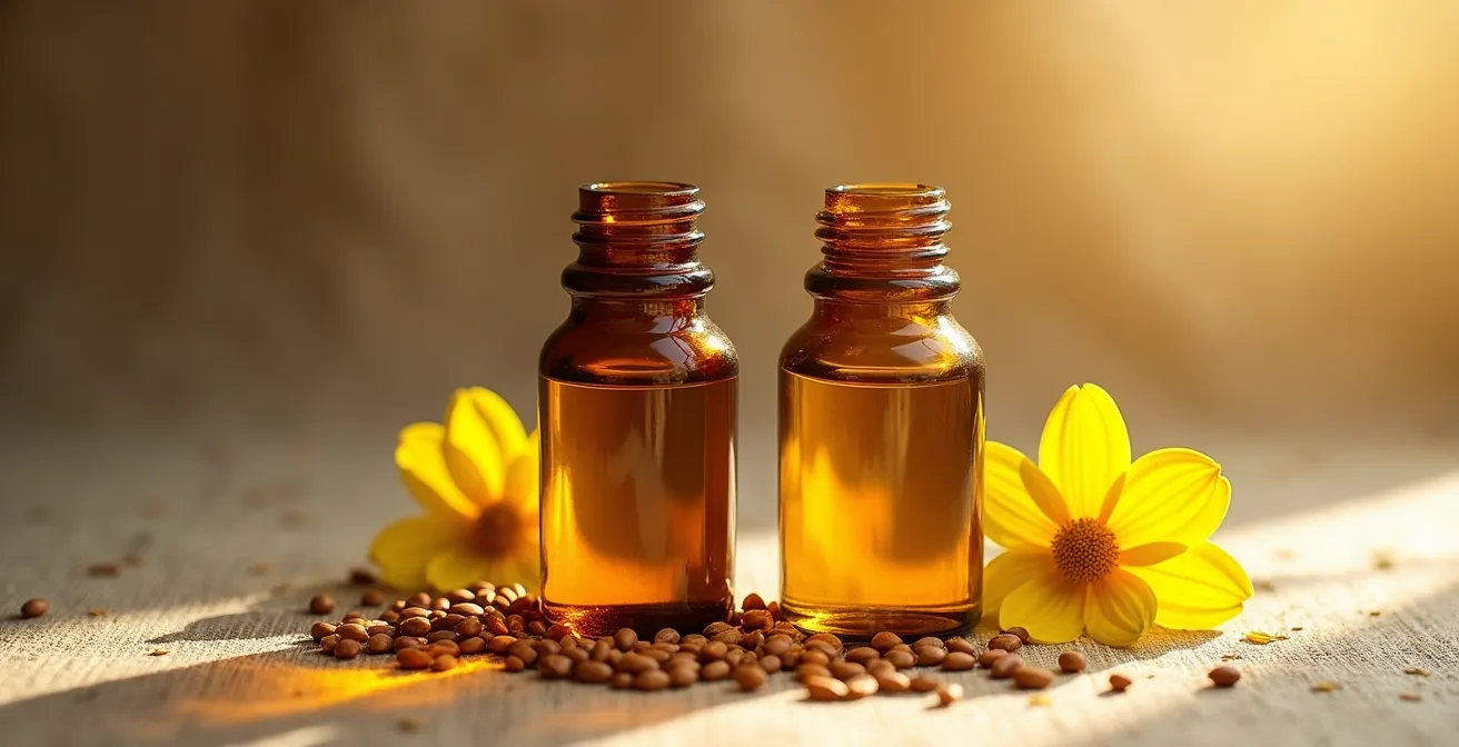 Goldene Ölfläschchen mit Leinöl und Nachtkerzenöl-Kapseln auf natürlichem Leinenstoff